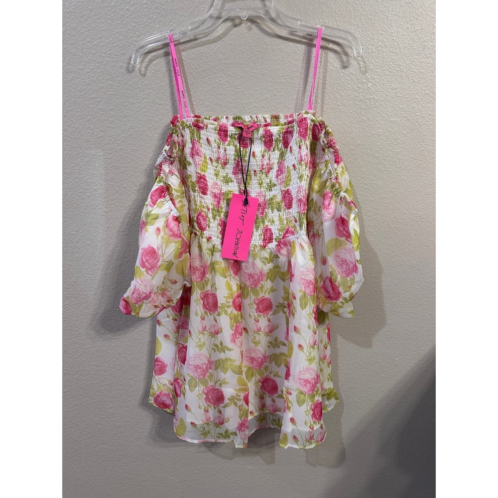 Betsey Johnson Pink Floral Smocked Off Shoulder Blouse Top, Women's XL